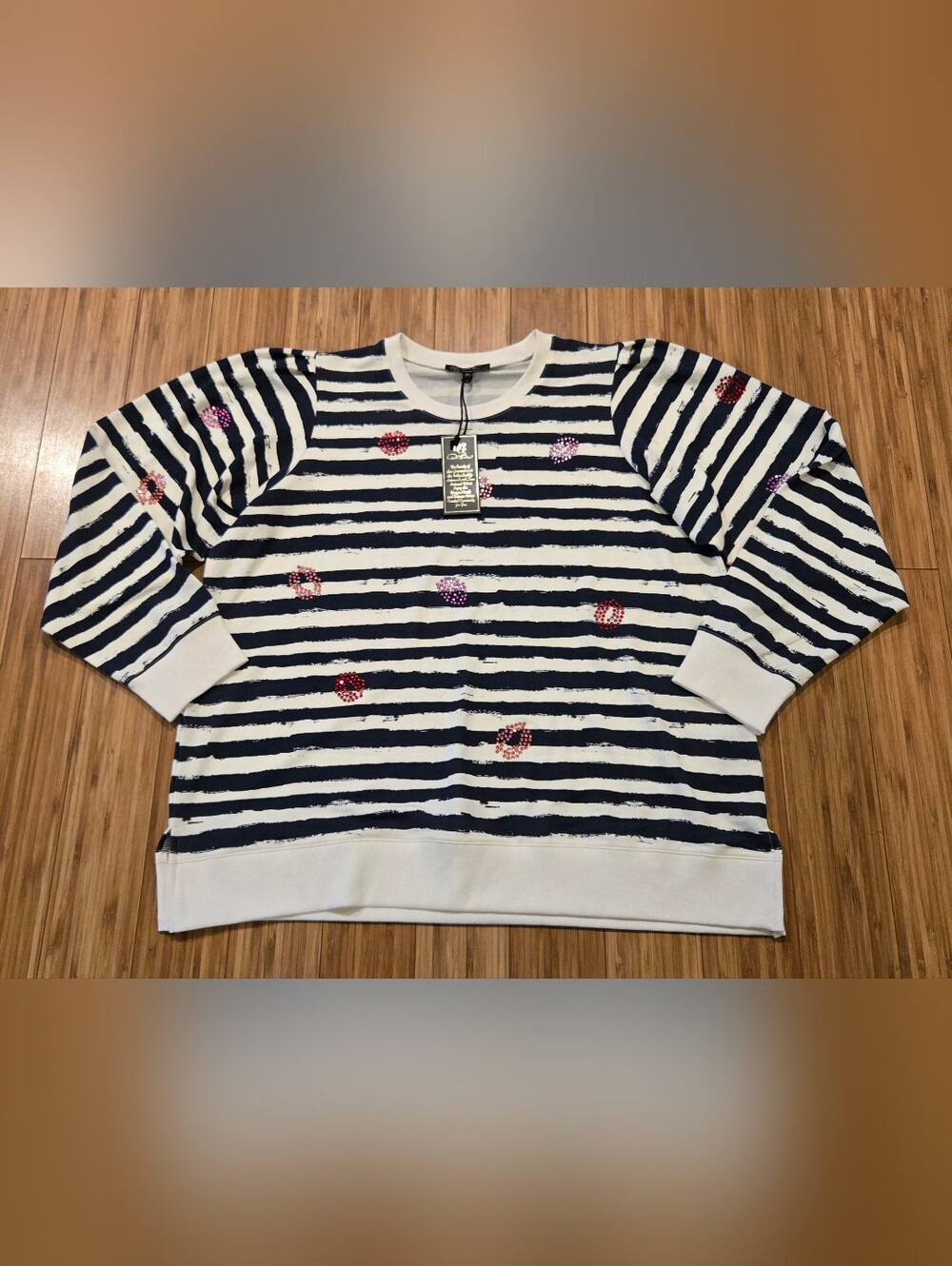 NWT DG2 Striped Navy & White Crewneck with Sequin Accent